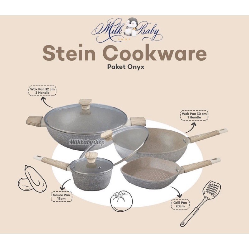 Stein Cookware Paket Kuali Wok Fry Pan Panci Onyx 4 Pcs Glass Lid