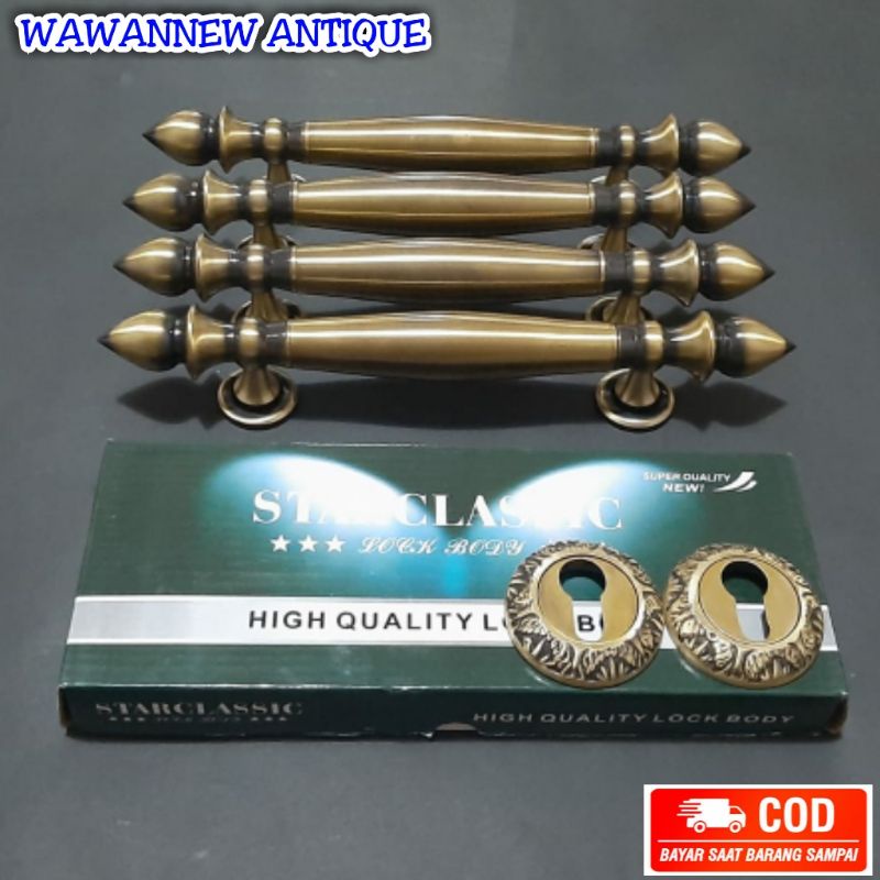 Handle Pintu / Gagang Pintu Rumah Kuningan + 1 Set Body Kunci Motif Sawo 30cm