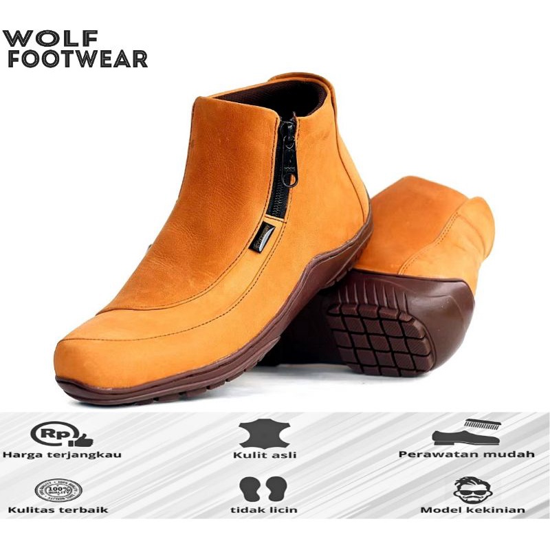 WOLF x CORRA 38 sd 44 Aloof Brozip Sepatu Boots Zipper Pria Sleting Original Kulit Asli