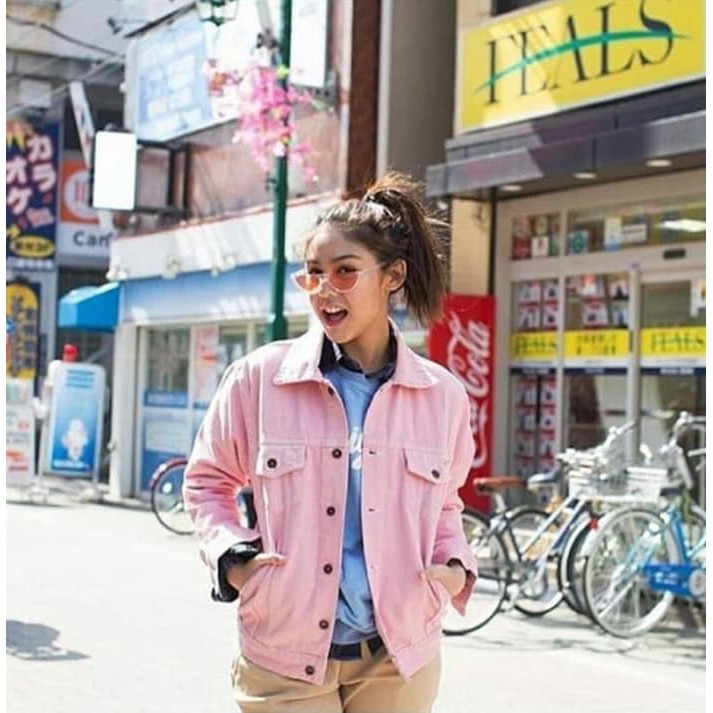 Unik Oversized Jacket jeans Denim ZARA Jaket Pink bio blitz Tebal Import - Pink Murah
