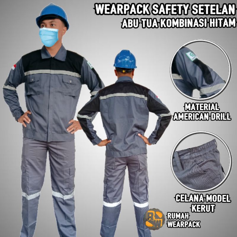 Setelan Baju Safety Abu Tua Kombinasi Hitam  dan Celana Abu tua