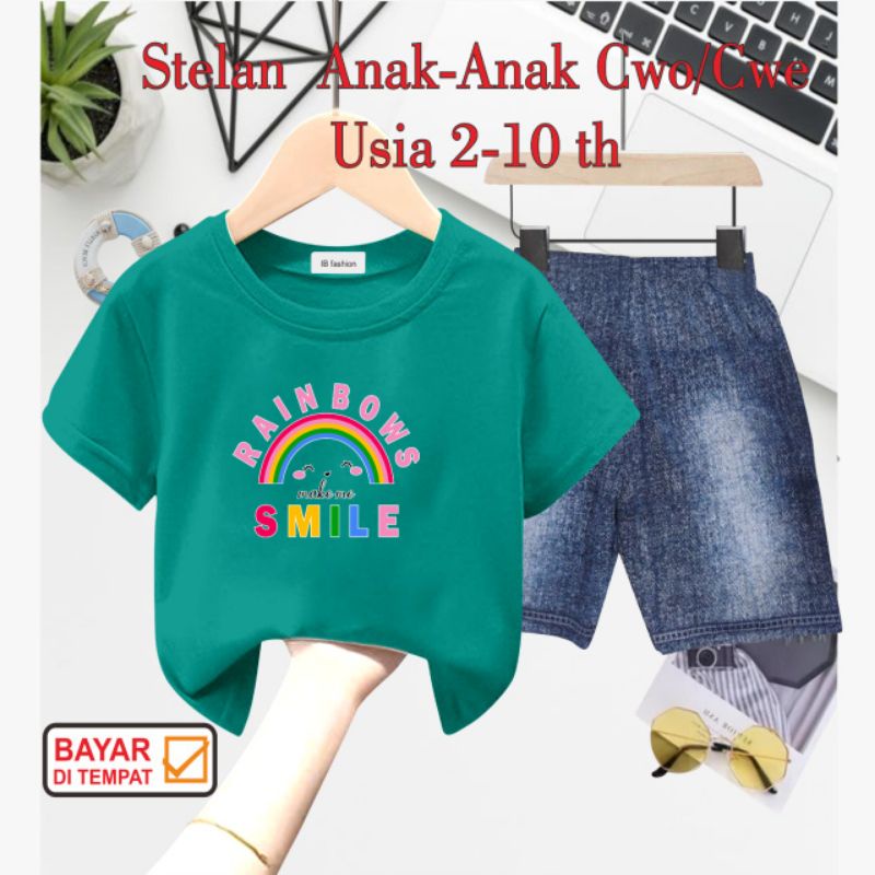 ((IB))SETELAN ANAK2 UNISEX SEMI JEANS/RAINBOW SMILE DIGITAL SABLON