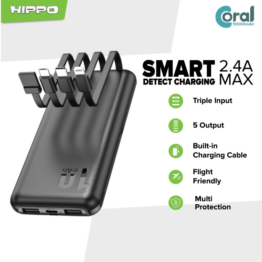 Hippo PowerBank Coral 10000mAh 5 Output Smart Detect Charging Smart Detect Charging Power Bank SDC Type C Iphone Micro