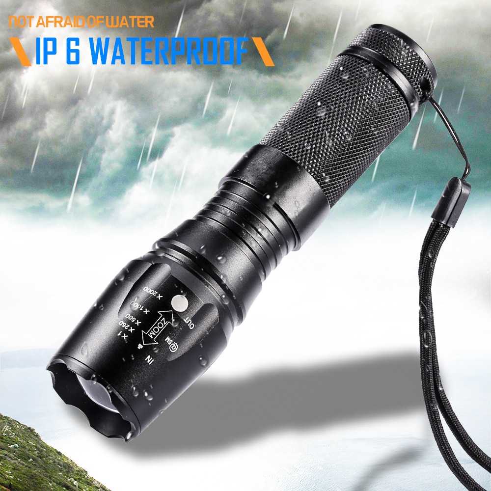 Senter Tactical XML-T6 3000 Lm+Baterai+Charger+Box / Senter Waterproof Flash Light Anti Air Bisa Zoom Cahaya Terang / Center Senter LED Super Terang Jarak Jauh 2000 Meter Polisi Jumbo / Senter Swat Police / Senter Ultraviolet / Senter Gunung Infrared Mura