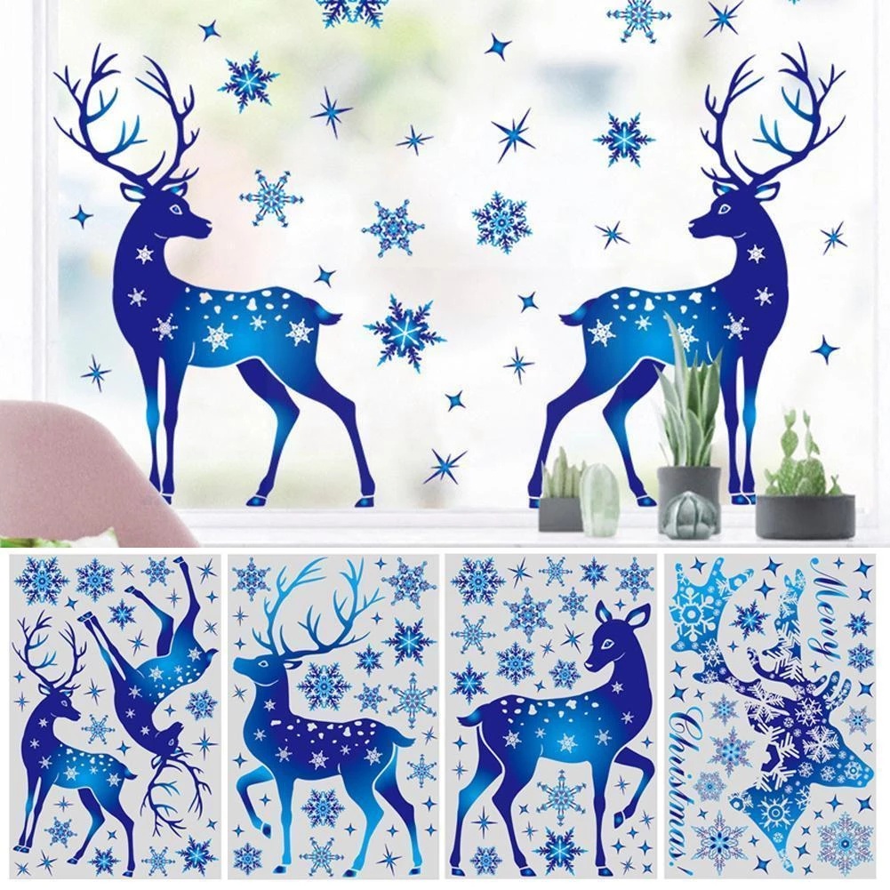 1PCS Christmas Blue Snowflake Elk Glass Window Decor