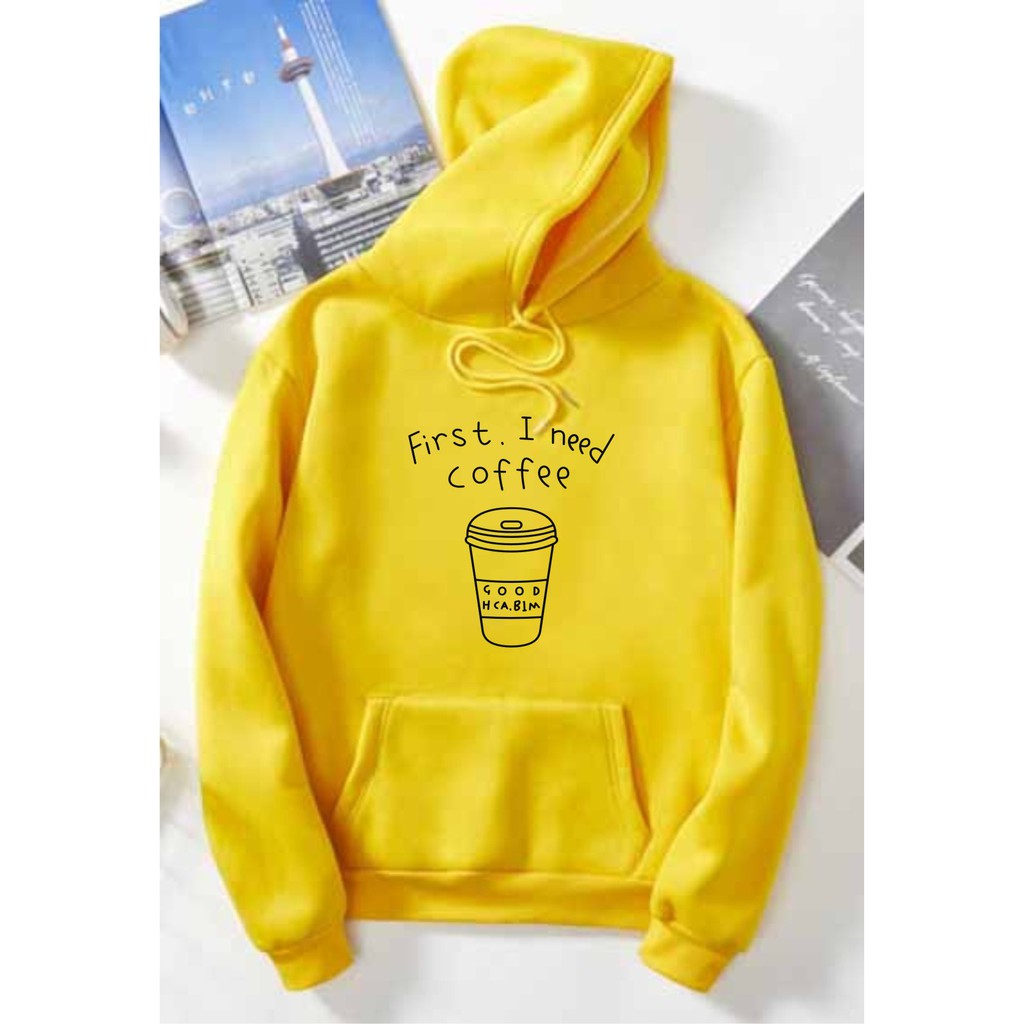 FenishaStore Sweater Hoodie Kantong Depan First I Need Cofee Bisa Bayar Ditempat COD