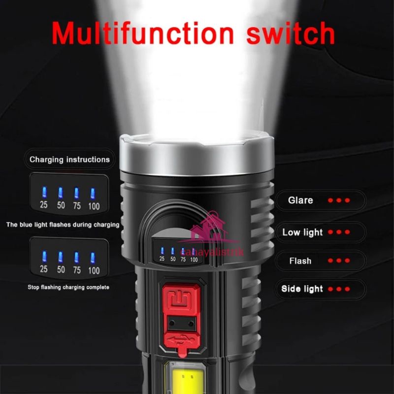 COD Senter LED Cas Super Terang Jarak Jauh + COB 4 Mode Emergency USB Recharge Anti Air Wajib Punya