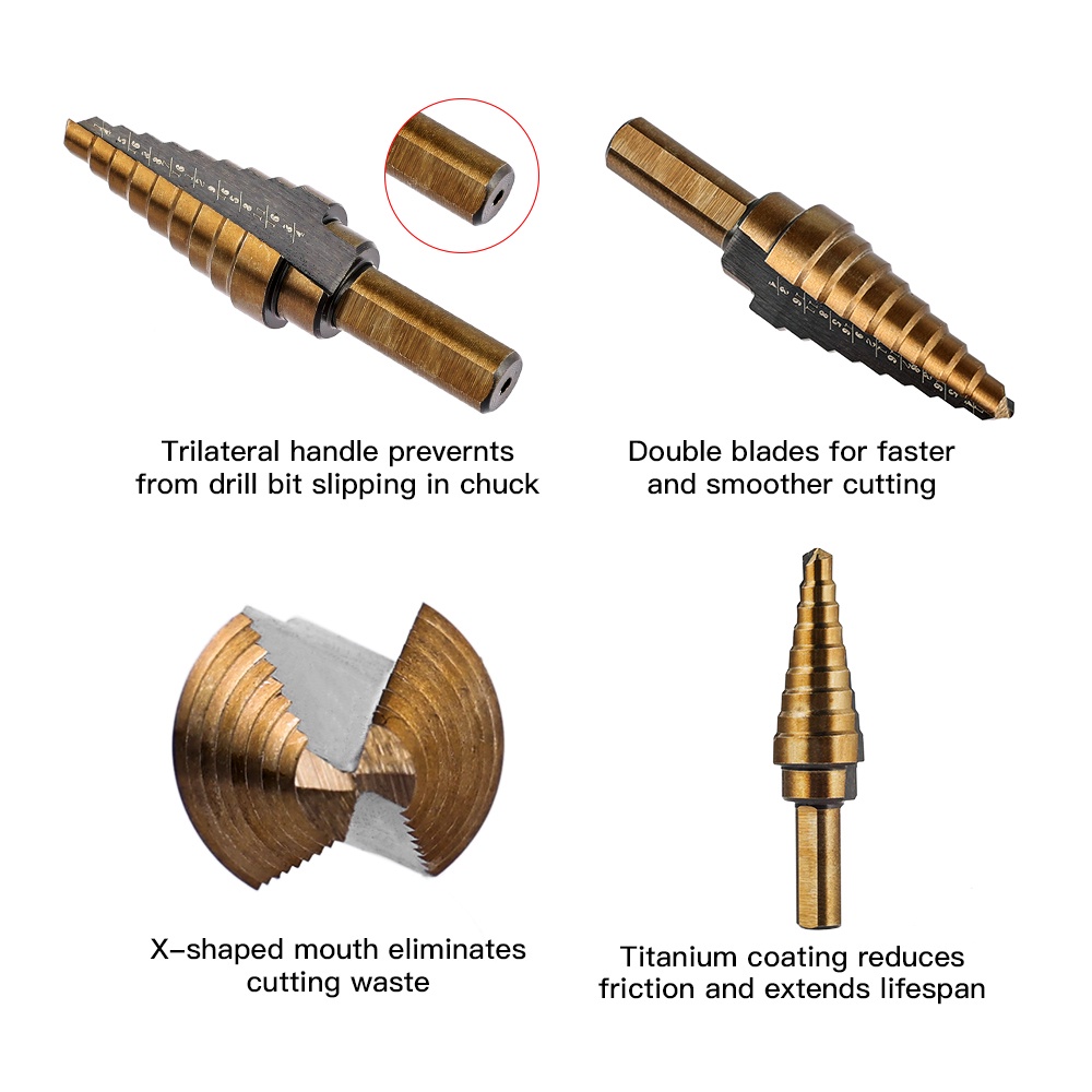 Mata Bor - 5 PCS - untuk melubangi besi, kuningan, kayu, plastik dan lainnya - memiliki marking-marking ukuran sehingga Anda dapat mengetahui ukuran lubang yang diciptakan bor Anda - Material: HSS Titanium - Desain Pagoda Spiral