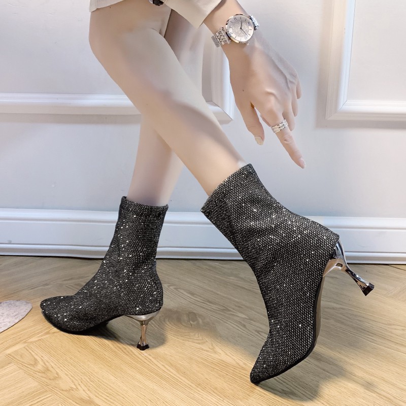 RYS - Glittery Sequined Sepatu Boots Hak Pesta/Liburan - Ori Import