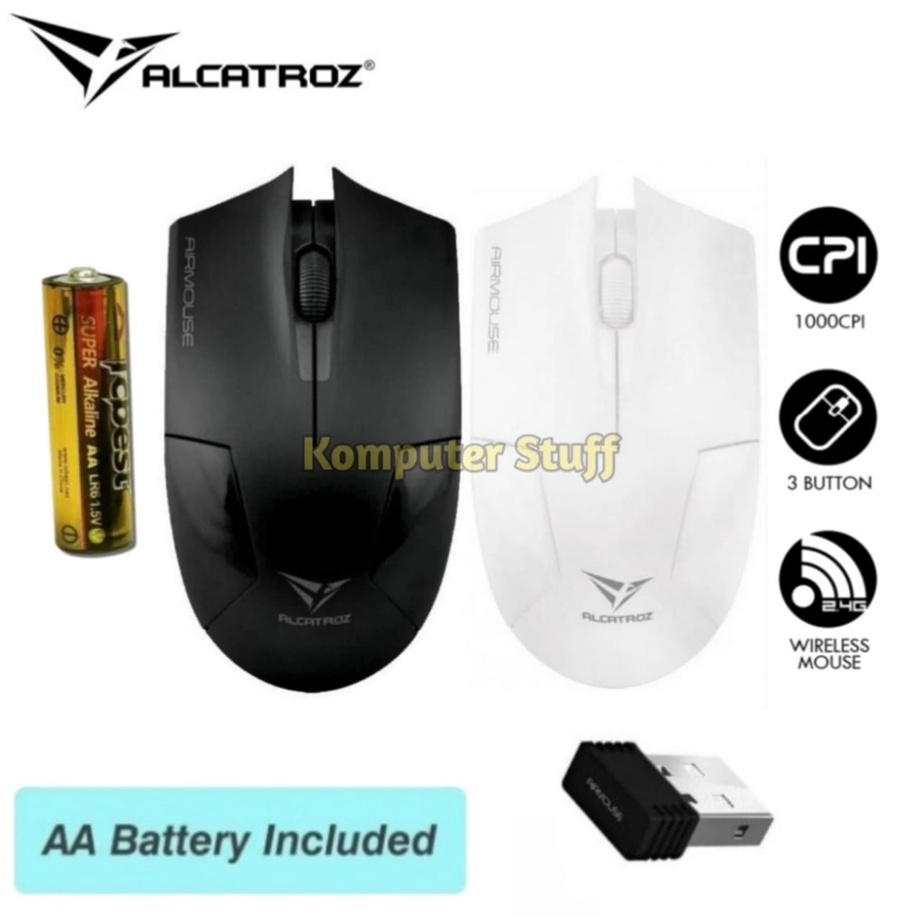 Mouse Wireless Alcatroz Airmouse USB Receiver 2.4 Ghz 1000CPI Up to 10M Free Batrai
