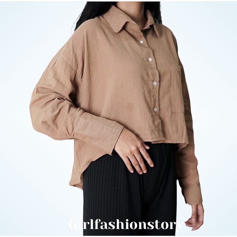 BEFAST - ZFS OOTD Wanita Kemeja Crop RINE / DAVY CRINKLE LINEN SHIRT / Kemeja Crop Wanita Remaja / Fashion Wanita Ala Korean Style / Kem Lengan Panjang / Kemeja Polos Formal / Terlaris