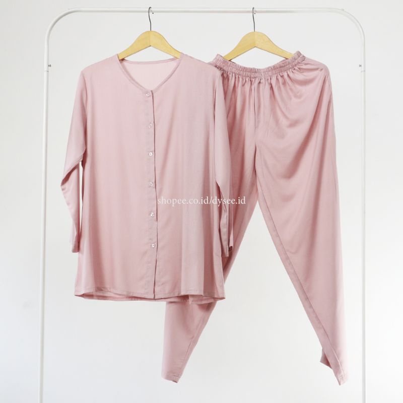 (PIYAMA POLOS) PIYAMA RAYON PAJAMAS RAYON SET BAJU WANITA VIRAL ELEGAN MURAH-ROSE