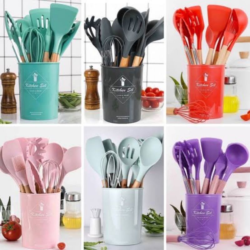 [DZS] SILIKON KITCHEN SET UTENSIL 13 PCS SPATULA SUTIL ALAT DAPUR LENGKAP FULLSET FREE WADAH