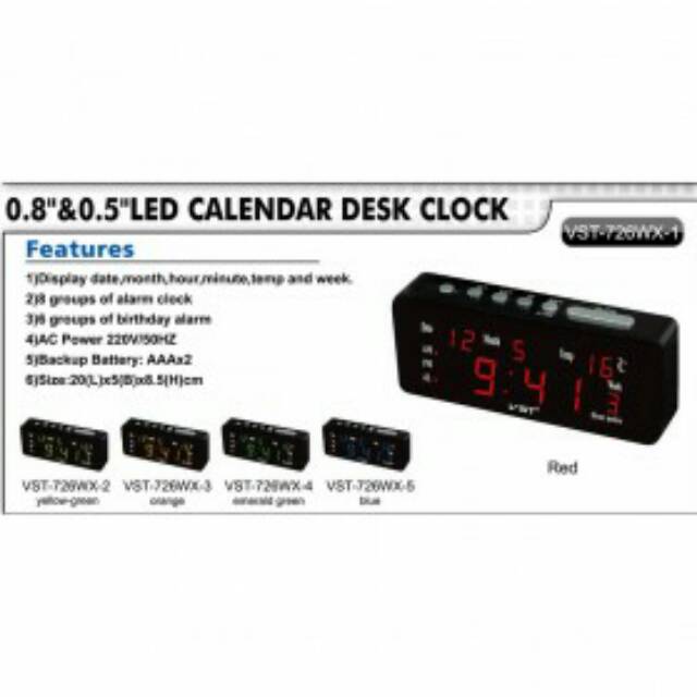 Jam Weker Alarm Meja LED Calendar Temperatur - VST-726WX