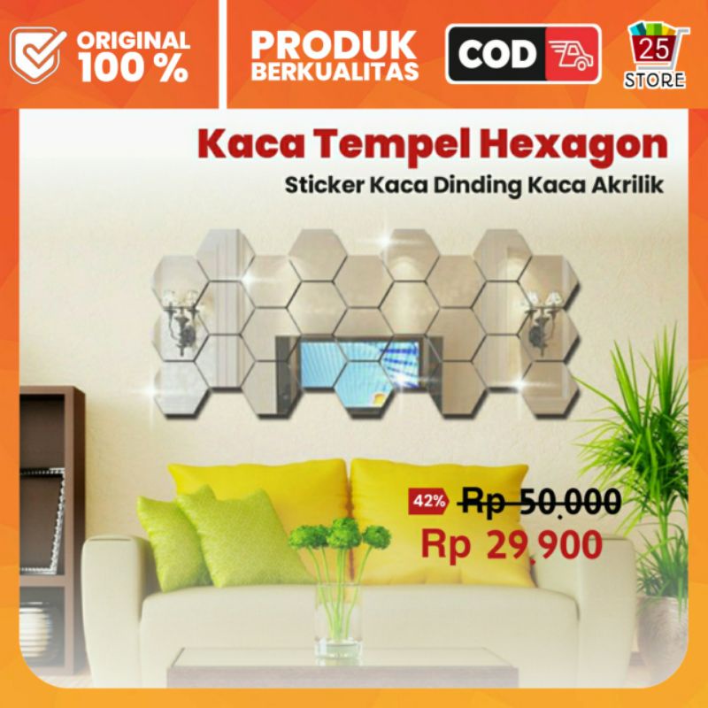 Sticker Kaca Dekorasi Dinding Hexagon Mirror Acrylic 7 PCS Stiker Kaca Dinding Akrilik