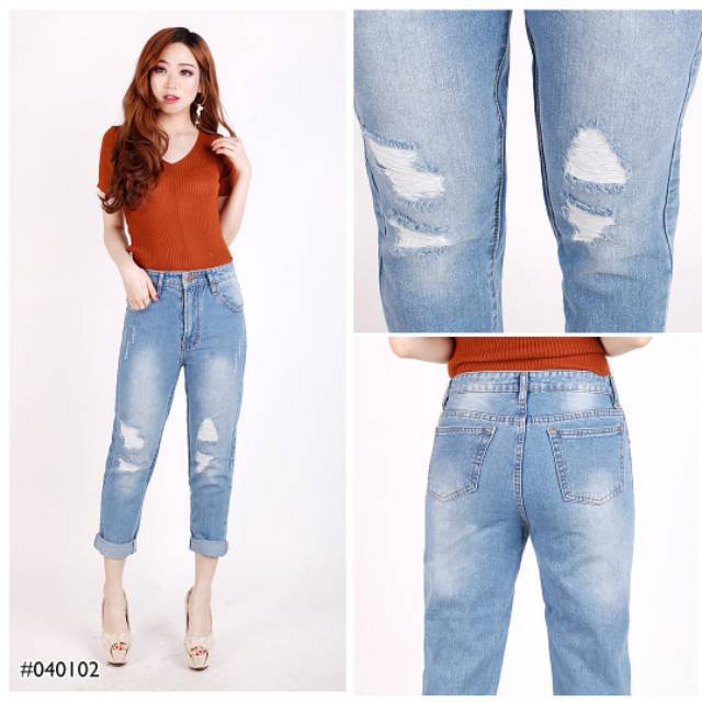 Celana Boyfriend Ripped Jeans Wanita