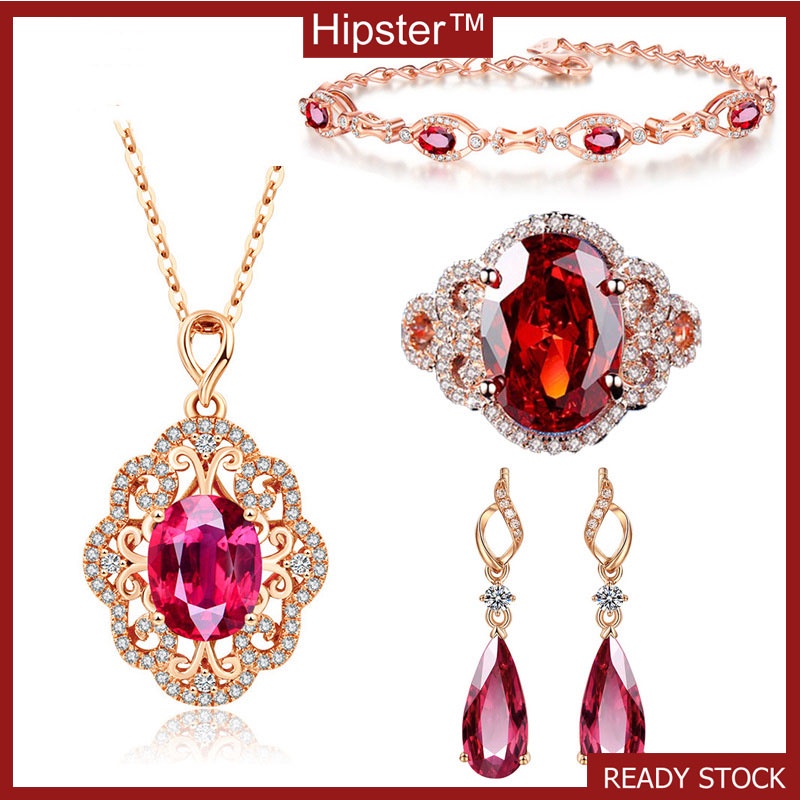 New Rose Gold Hollow Rose Red Ring Ruby Earrings Collarbone Necklace Set