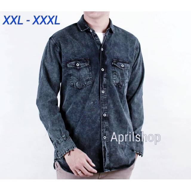 Kemeja Jeans Jumbo Pria Kemeja Denim Pria Atasan Jumbo Abu-abu