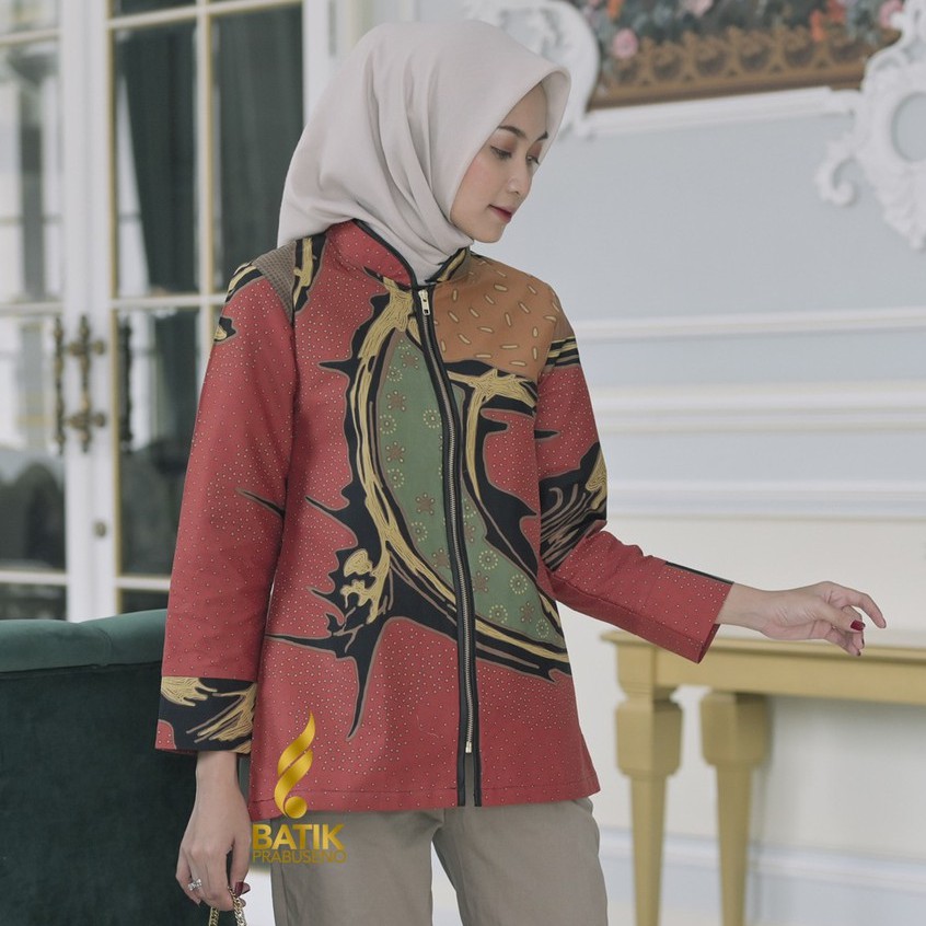 Batik Prabuseno Motif MAHARANI MERAH Blouse Atasan Batik Wanita Lengan Panjang Modern Original Prabu