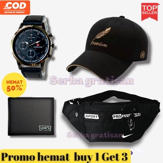 Promo Termurah 4 in 1/Jam Tangan Pria Kulit Free Tas,Dompet dan Topi/Jam Tangan Pria Kulit / Paket bundling Buy 1 Get 4/Jam Pria paket Murah/Jam Pria Terbaru/ Paket Paling Hemat!!