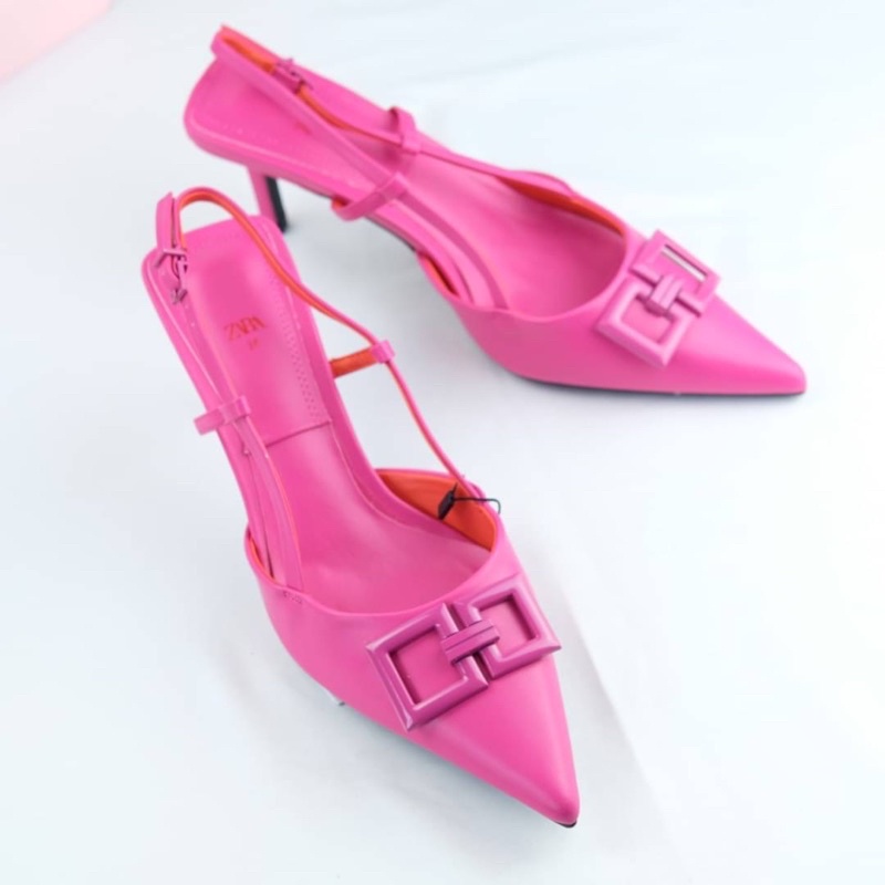 Sepatu Hak Tinggi Wanita ZR Adjust Slingback High Heels 7cm Premium Import Pink Fuchsia Ujung Lancip