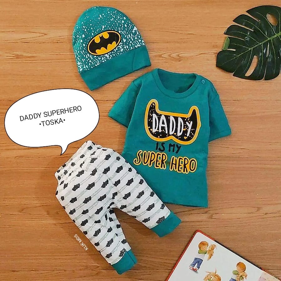 Baju Bayi Laki-Laki Setelan Anak Bayi Free Topi Pakaian Bayi Daddy is My Superhero 1 Ukuran