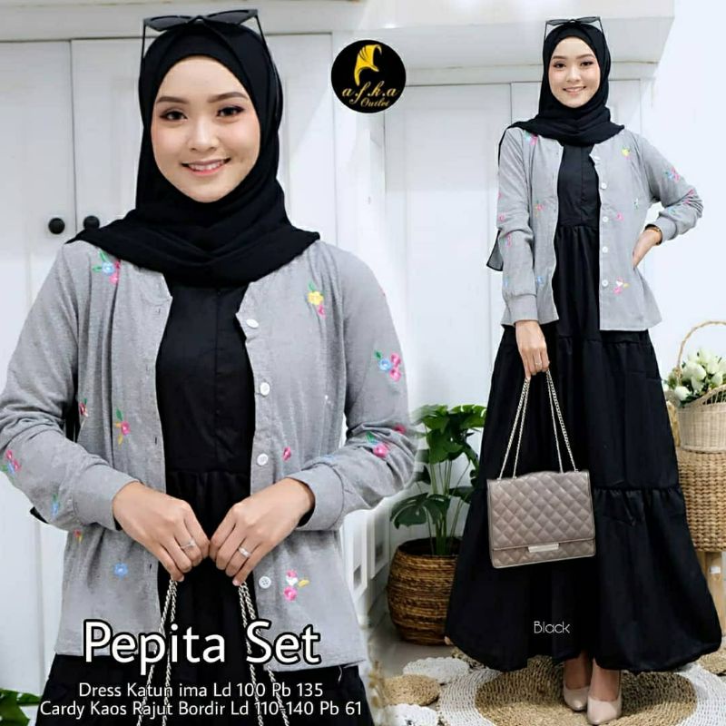 Pepita Set, SETELAN GAMIS &amp; KARDIGAN MUSLIM CANTIK FIT XL TERMURAH TERCANTIK KEKINIAN OOTD MODIS