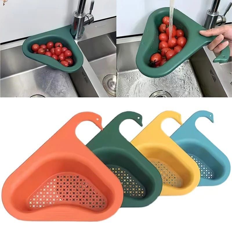 ￼Rak Tirisan Sudut Wastafel Segitiga Bentuk Angsa / Wadah Saringan Pembuangan Sisa Makanan / Tempat Penyimpanan Pengering Spons Sikat Buah Sayur / Gantungan Keran Washtafel Keranjang Swan Sink Drain Basket