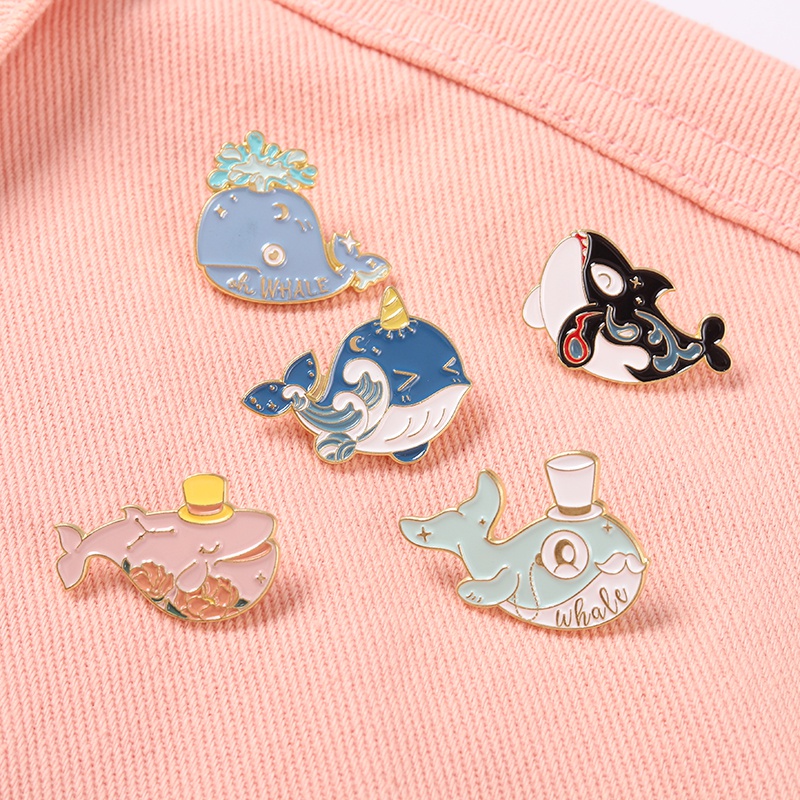 Whale Bros Pin Enamel Desain Kartun Ikan Paus / Bunga / Ombak Laut Untuk Anak Laki-Laki / Perempuan