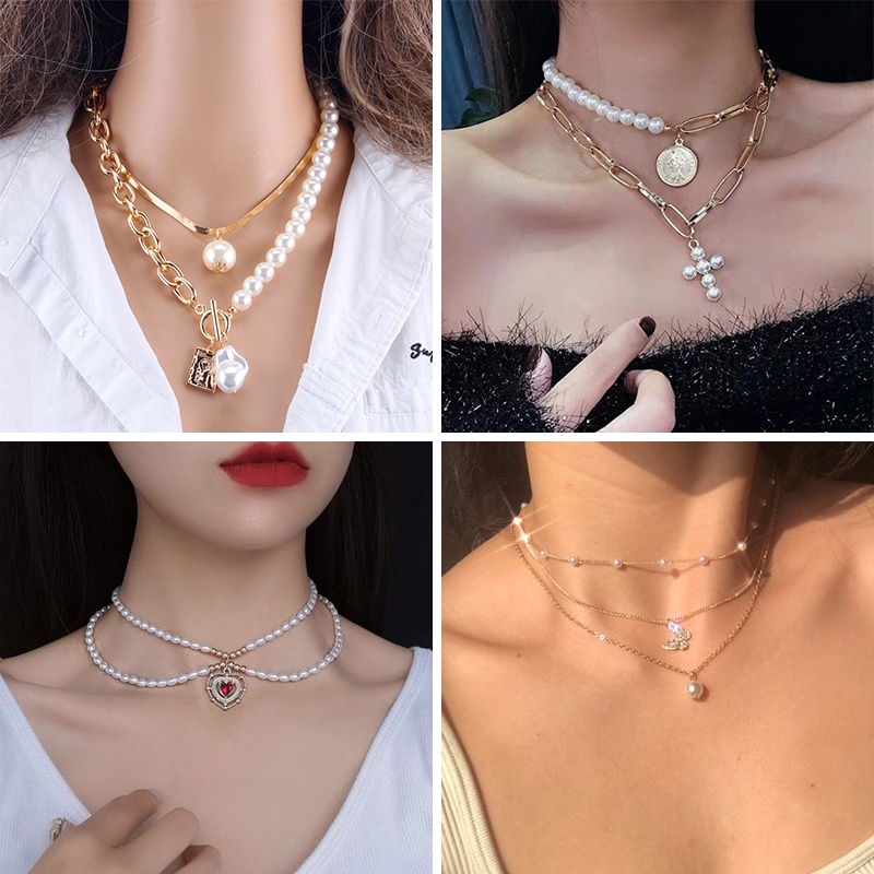 Set Kalung Rantai Ular Multilayer Dengan Liontin Kupu-Kupu + Mutiara Untuk Wanita Butterfly