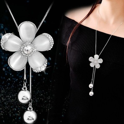 Kalung Wanita Sweater Korean Style Liontin Bunga Mata Kucing Aksesoris Wanita Hijab Kalung Populer