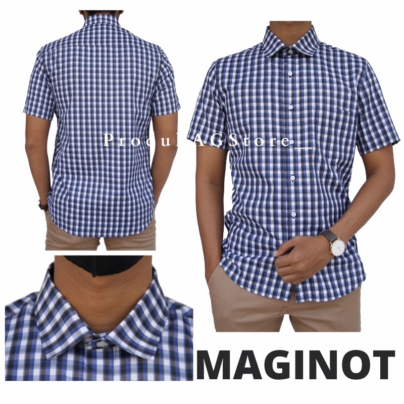 Kemeja Formal Slimfit Maginot Lengan Pendek Pria Motif Kotak-kotak Biru 02 Good Quality 100% Original