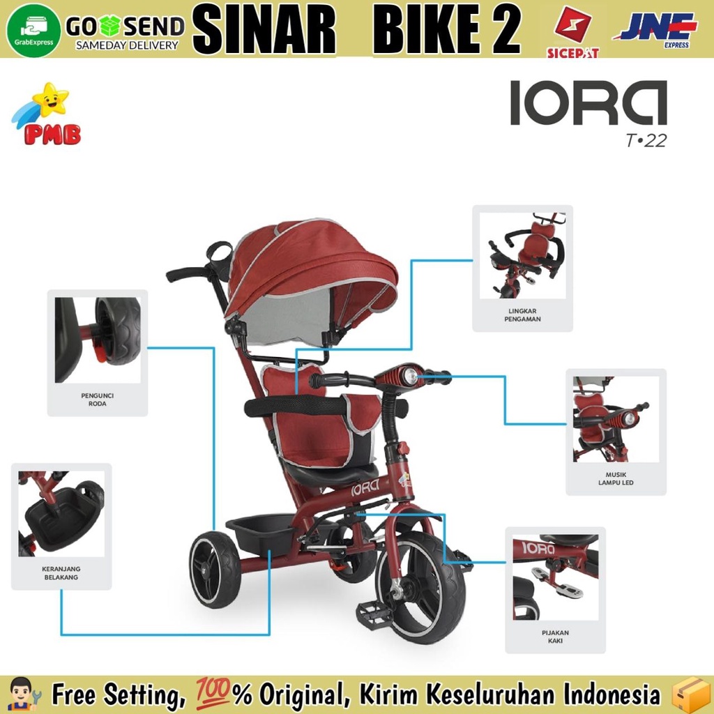 Sepeda Roda Tiga 3 PMB IORA T 22 Tricycle Anak Musik Lampu Rem