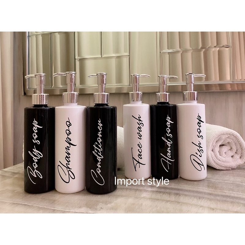 botol 250ml LONG , HITAM PUTIH stiker SILVER LUXURY . aesthetic bottle minimalist refill organizer tempat sabun cair pump estetik