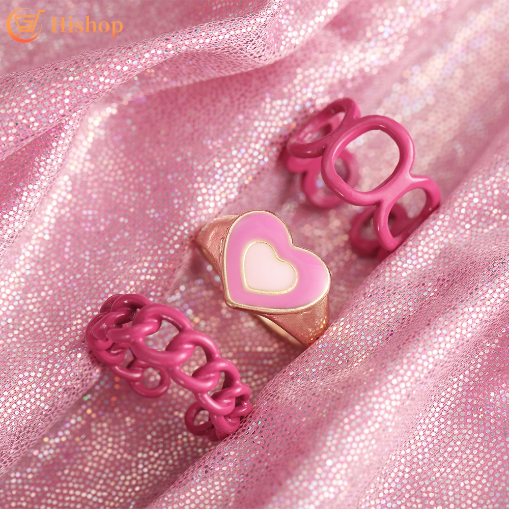 3pcs/set Pink Heart Geometry Rings Set Adjustable Oil Dripping Ins Fashion Ring for Women Jewelry Accessories