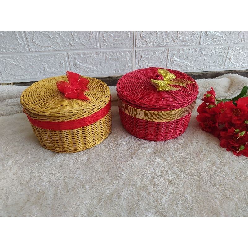 keranjang rotan keranjang parcel imlek bulat tutup 18cm