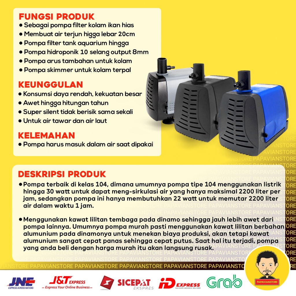 Mesin Pompa Filter Air Kolam Aquarium Ikan Hias Tank Predator Submersible Hidroponik Hydroponic Water Pump Celup Waterfall Air Terjun Rendam - 2200 LPH Liter Per Jam 2 Meter Low Watt Rendah Daya Ketinggian 2m - Bukan Sunsun JTP Resun Atman P008