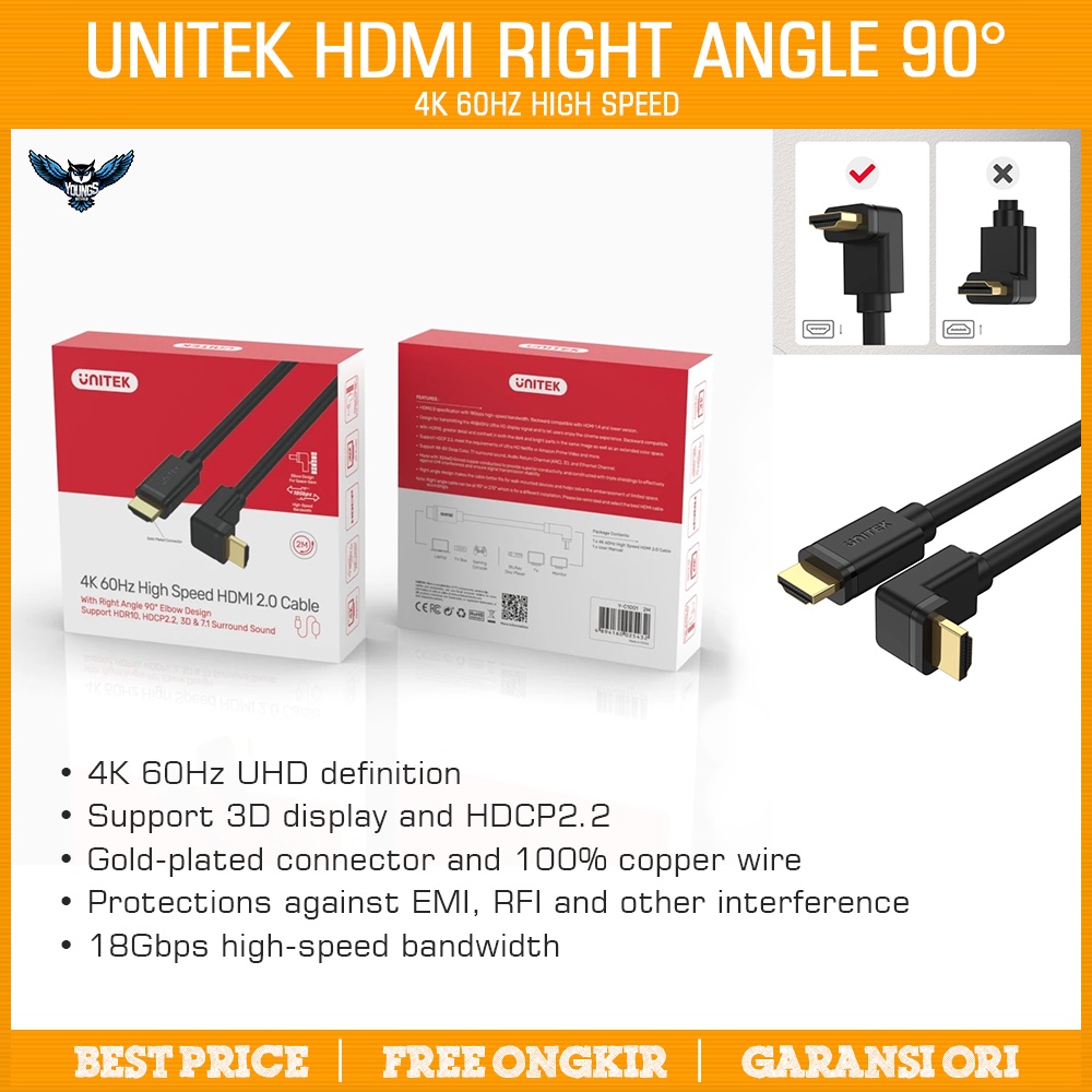 UNITEK KABEL HDMI 2.0 RIGHT ANGLE 90° 2M / 3M | CABLE Y-C1001 DEGREE