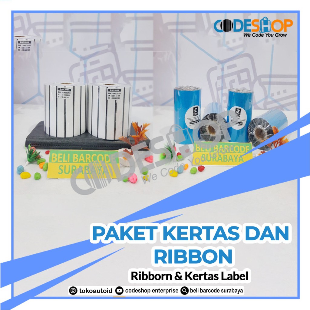 PAKET HEMAT 5 ROLL LABEL SEMICOATED 32X18 + 1 RIBBON WAX 110X300