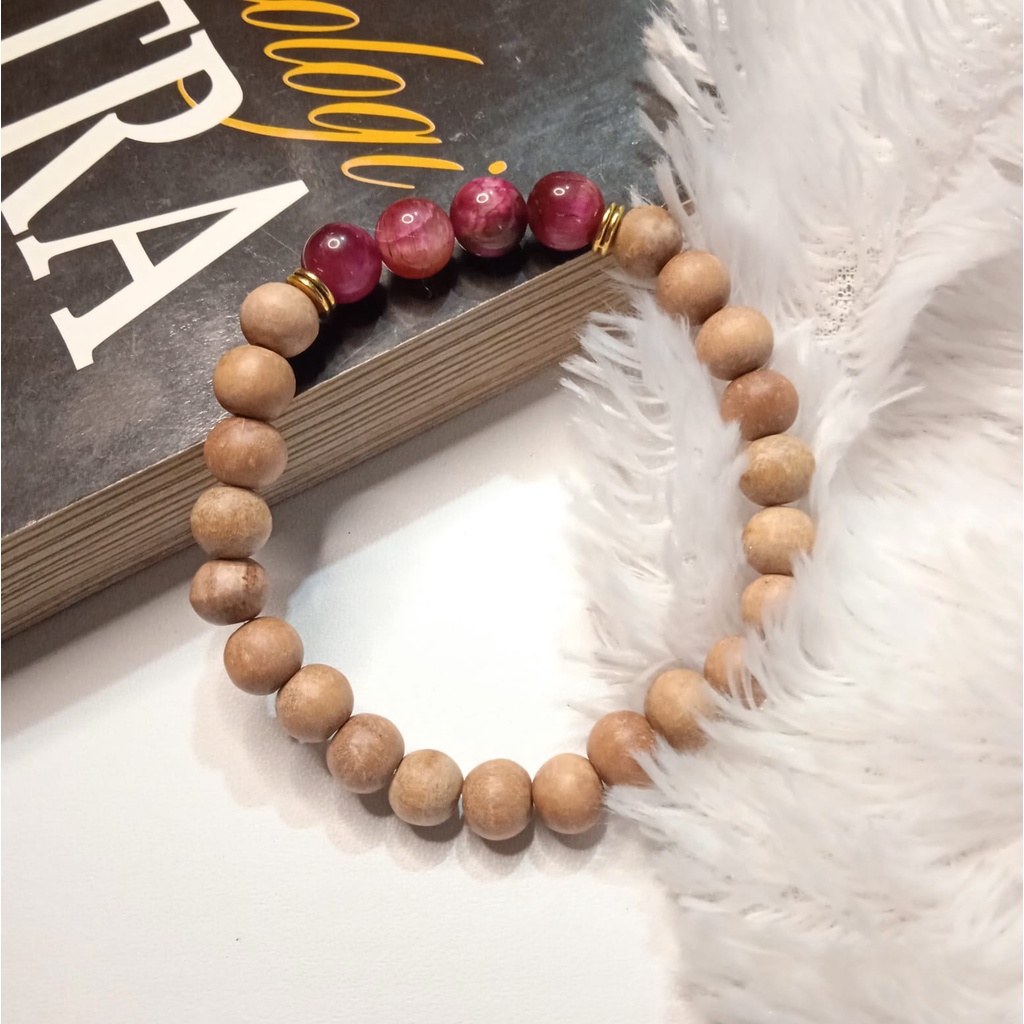 Gelang Batu Original Handmade Kayu Cendana Kombinasi Batu Alam Pink Tiger Eye