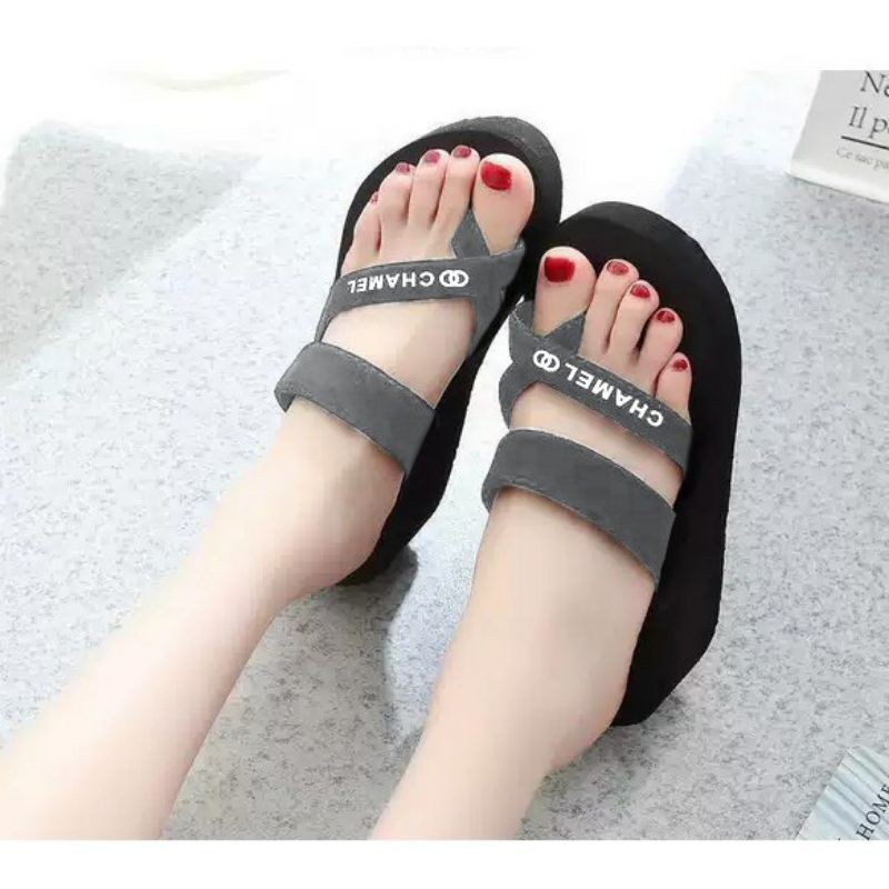 wedges webing chamel sandal wedges wanita sandal spon cewek murah sandal tali wanita