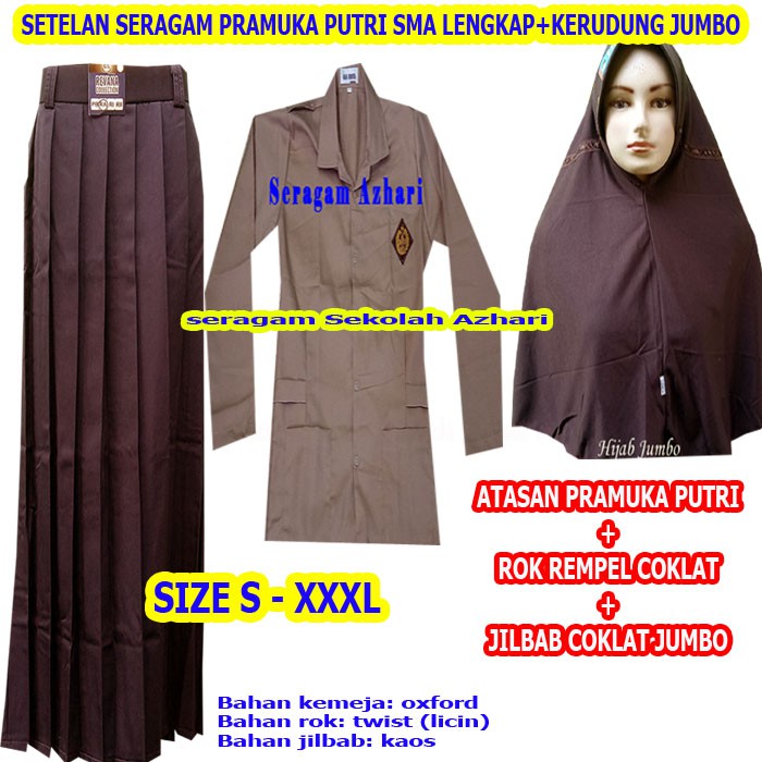 Stelan Seragam Pramuka Perempuan SMA Rok Rempel Lengkap Jilbab Sekolah-Seragam Pramuka-Seragam SMA