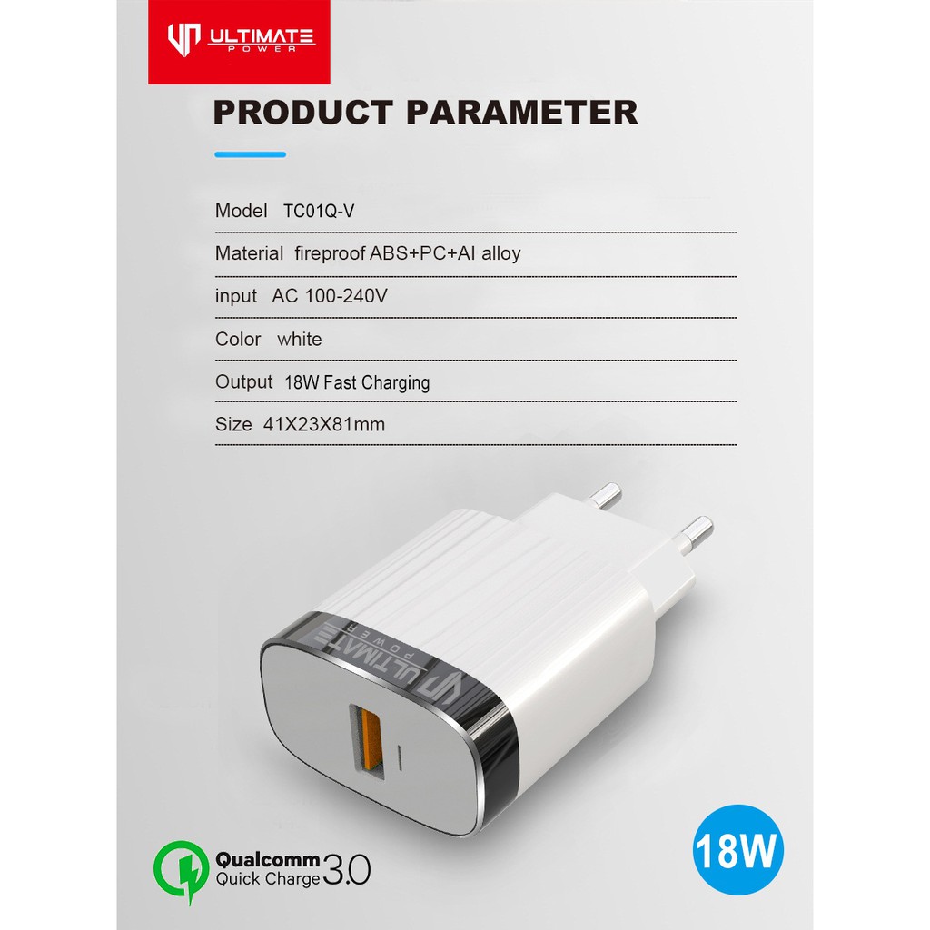 Kepala Charger Ultimate 1USB Fast Charging Charger QC 3.0 free Micro USB Cable Gransi resmi ultimate