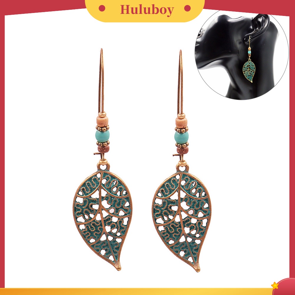 Hu Hu Hu Hu Hu Alat Bantu Pasang Kacamata♡ Anting Kait Gantung Statement Desain Daun Hollow Hias Turquoise Imitasi Gaya Retro Untuk Wanita