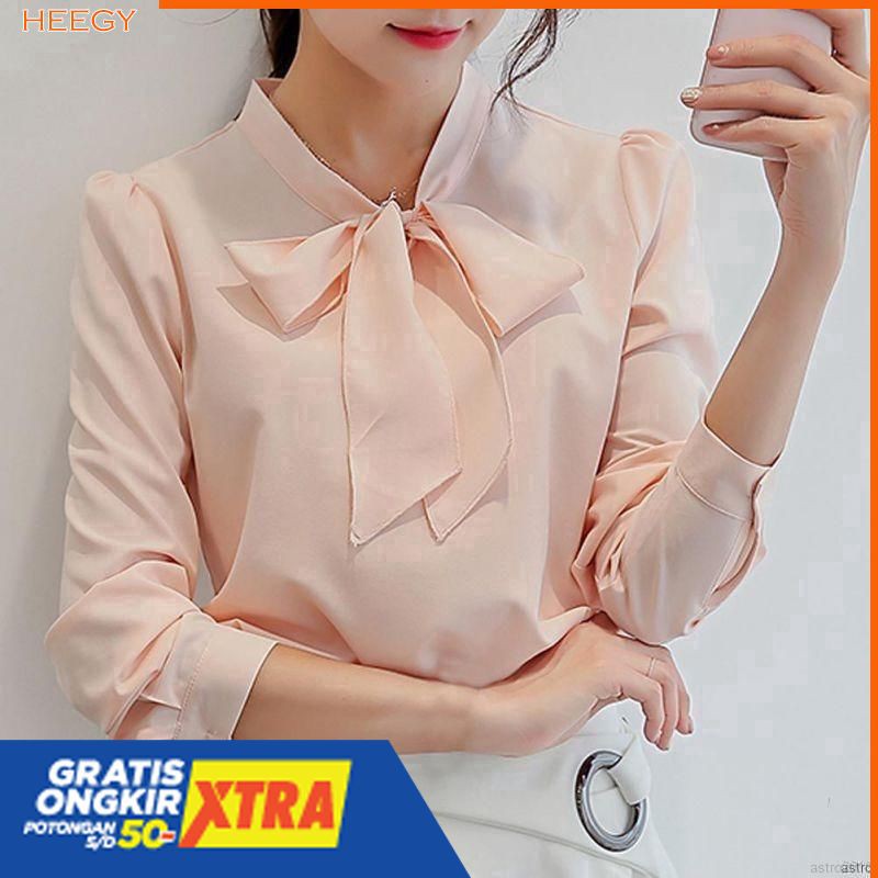 Blouse Sifon Lengan Panjang Aksen Pita Gaya Wanita Korea