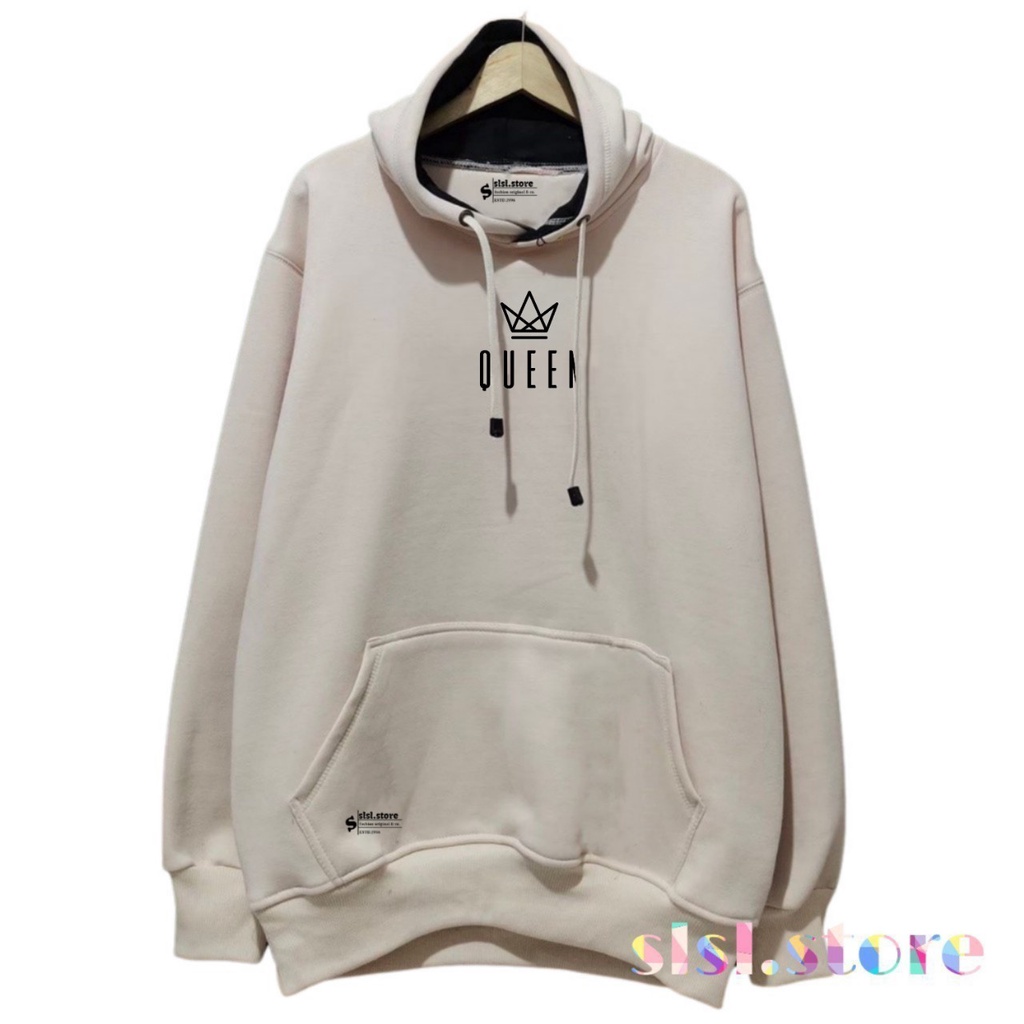 Hoodie Jumper Pria Distro Bandung Oversize XXL Katun Flece (Tidak Berbulu) Warna Cream Sablon List Queen Krem