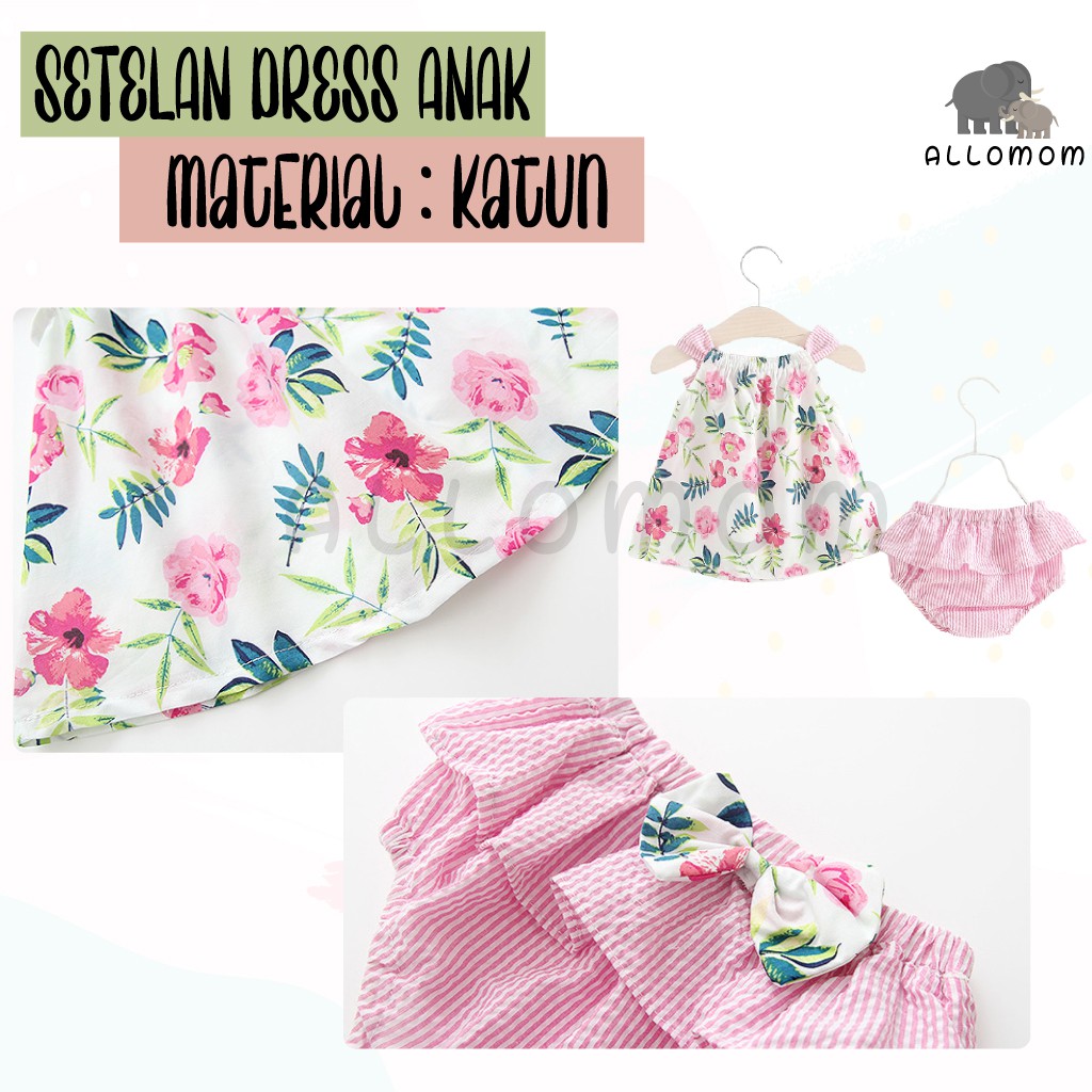 Setelan Dress Anak / Bayi Cewek Motif Floral Material Katun 100% Import Gaun Casual-1