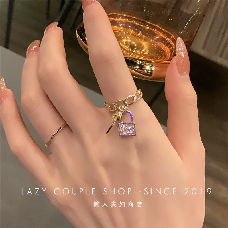 Korea Dongdaemun wanita elegan mikro bertatahkan zircon kunci cincin jari cincin net merah niche jar