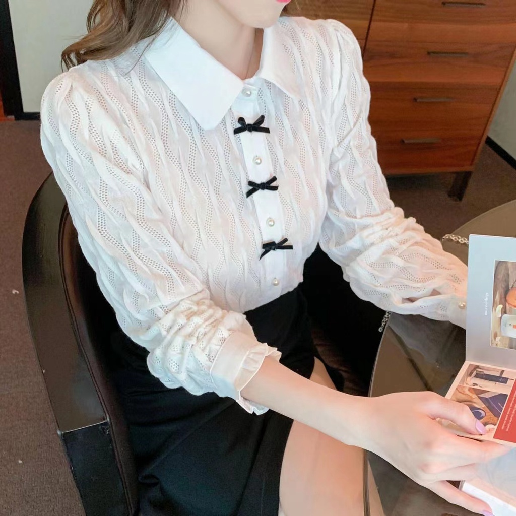 yikoo-Kemeja korea kancing busur elegan shirt blouse wanita atasan