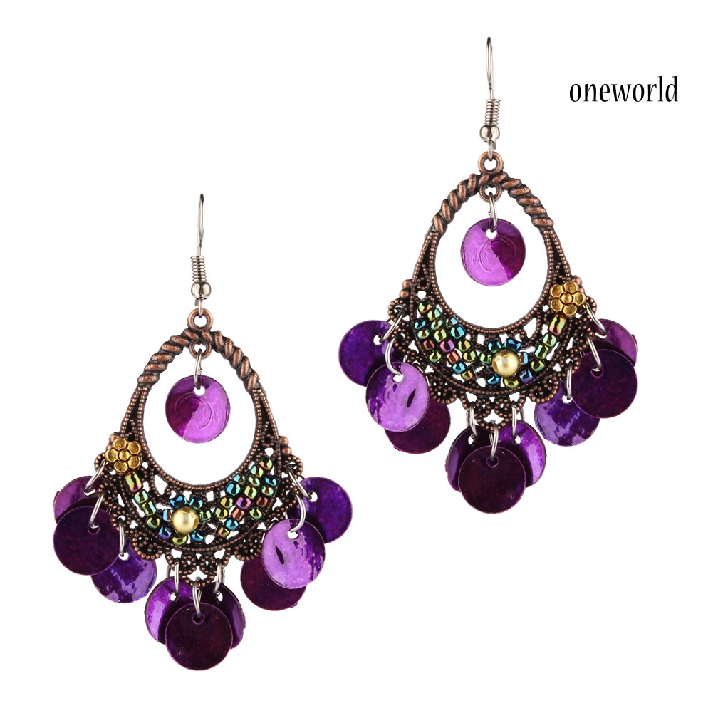 OW# Bohemian Women Disc Charms Hollow Dangle Hook Chandelier Earrings Jewelry Gift